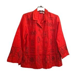 JM Collection Woman Size 2X Red Black Beaded Silk Blouse Shirt Top Embellished